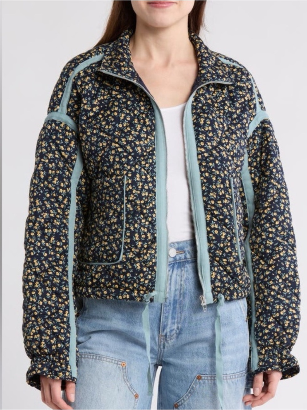 Blank NYC Cropped Quilted Jacket Floral Print Blue